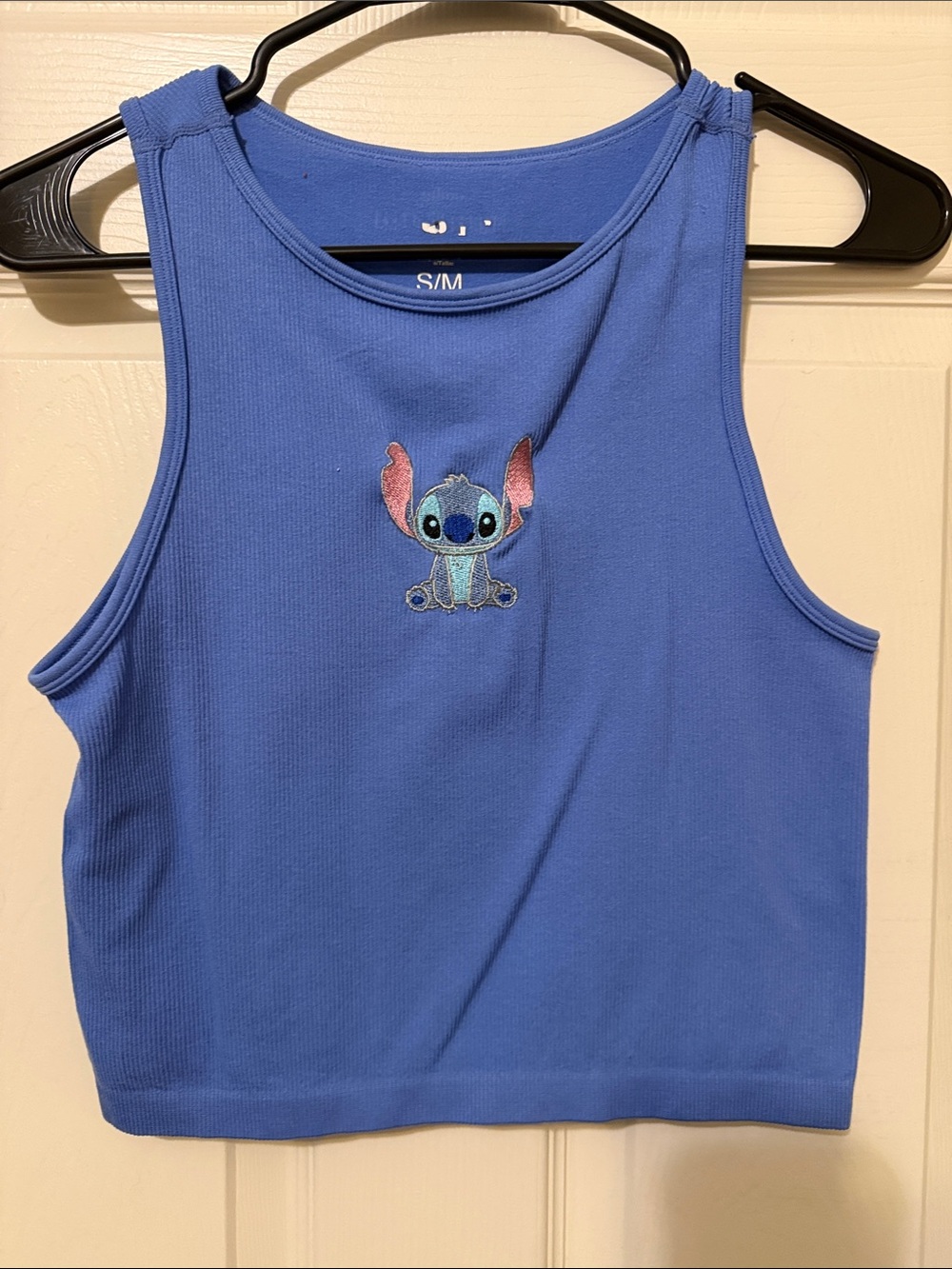 Disney Blue Ribbed Tank Top with Embroidered Stitch - Kids S/M
